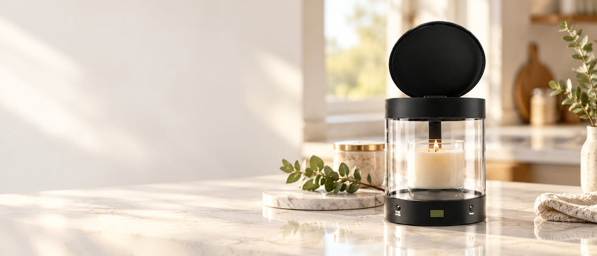 Black ALEC automatic candle extinguisher with a lit jar candle and the timer lid open