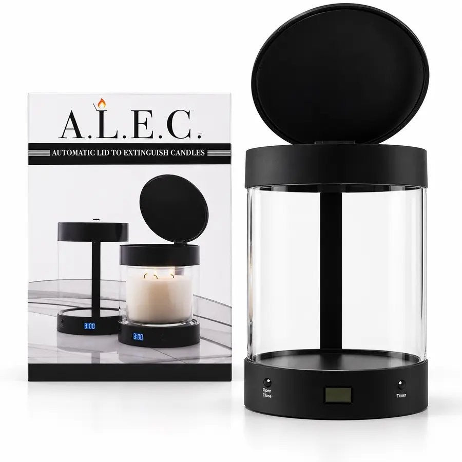 ALEC glass candle holder in black matte next to its gift box