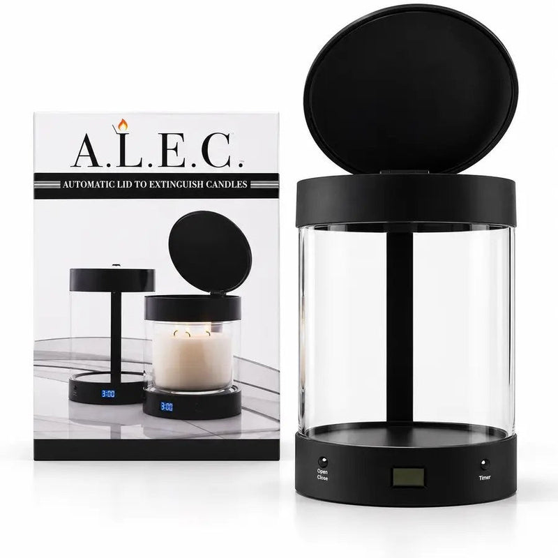ALEC glass candle holder in black matte next to its gift box