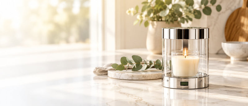 Silver ALEC candle holder with a lit jar candle on a marble counter