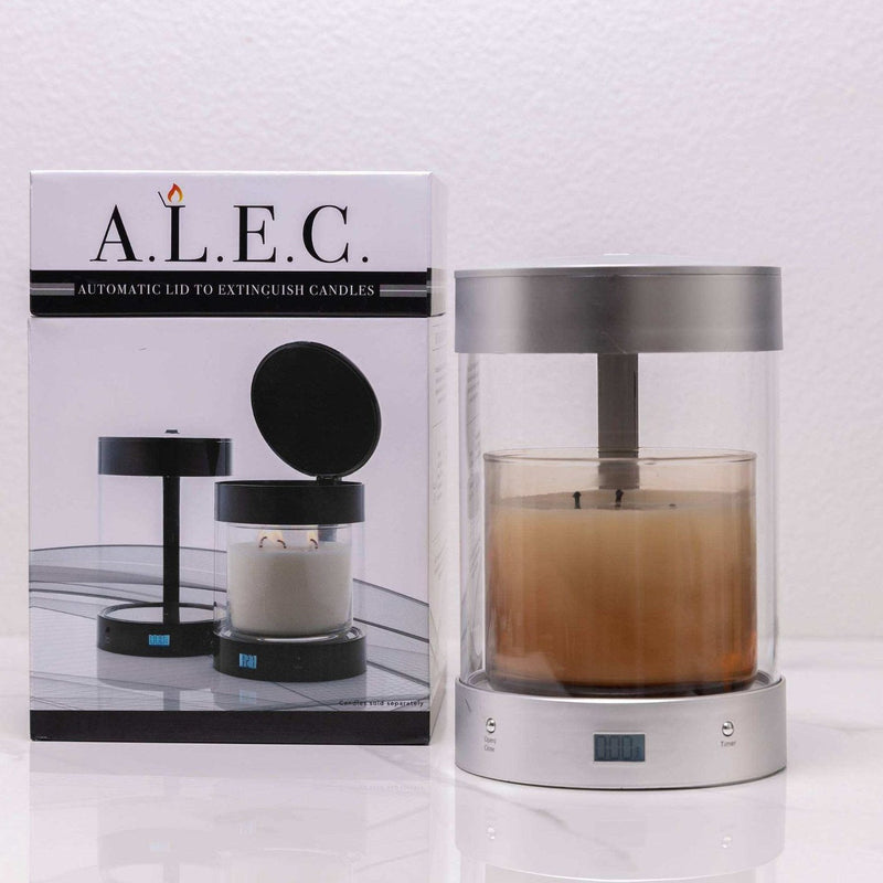 ALEC in Silver Matte with its lid closed over a jar candle, next to the ALEC gift box