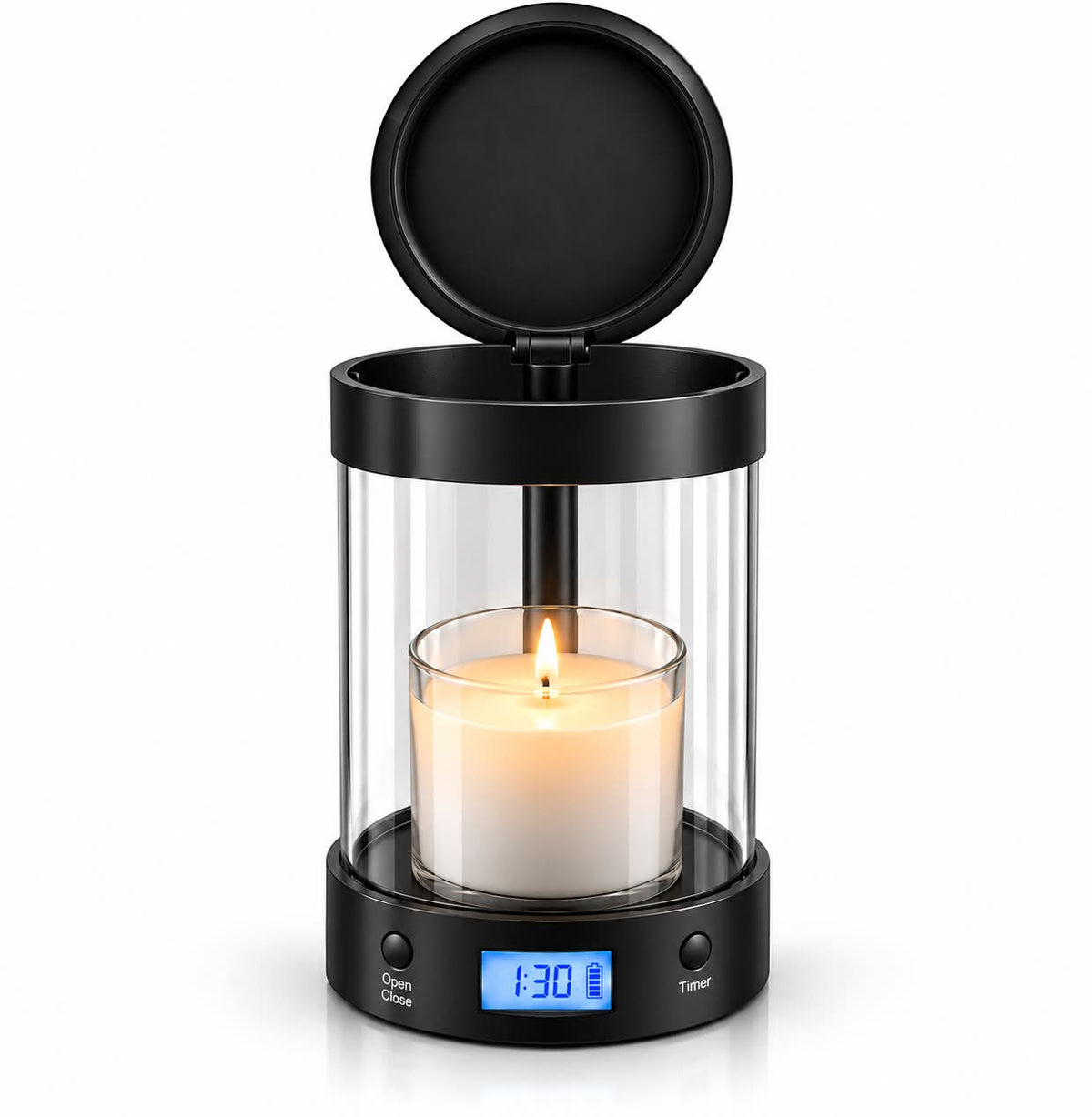 ALEC glass candle holder with timer, photo from the Candle Out Instagram