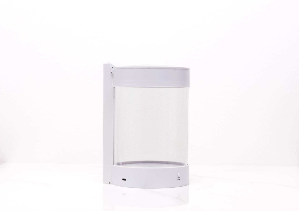 Side view of ALEC showing the lid hinge, Open/Close button and USB-C charging port
