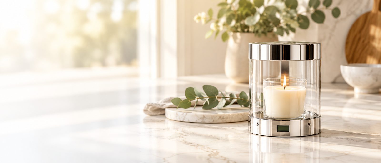 Silver ALEC candle holder with a lit candle on a marble counter