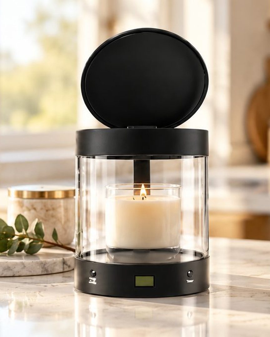 Black ALEC with a lit jar candle on a kitchen counter