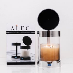 A.L.E.C Automatic candle extinguisher, next to packaging