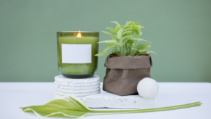A lit green candle with a potted plant, stone, white sphere, and leaf against a muted backdrop.