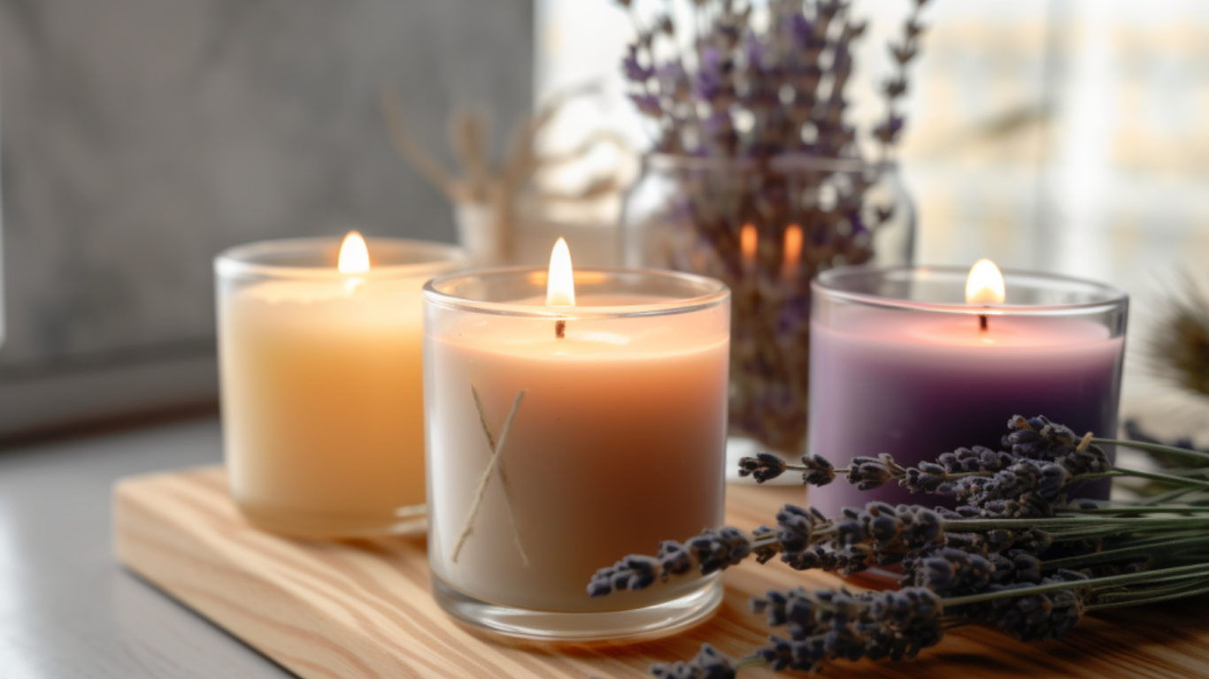 Three lit candles in glass holders on a wooden tray, with lavender sprigs and a jar of dried lavender