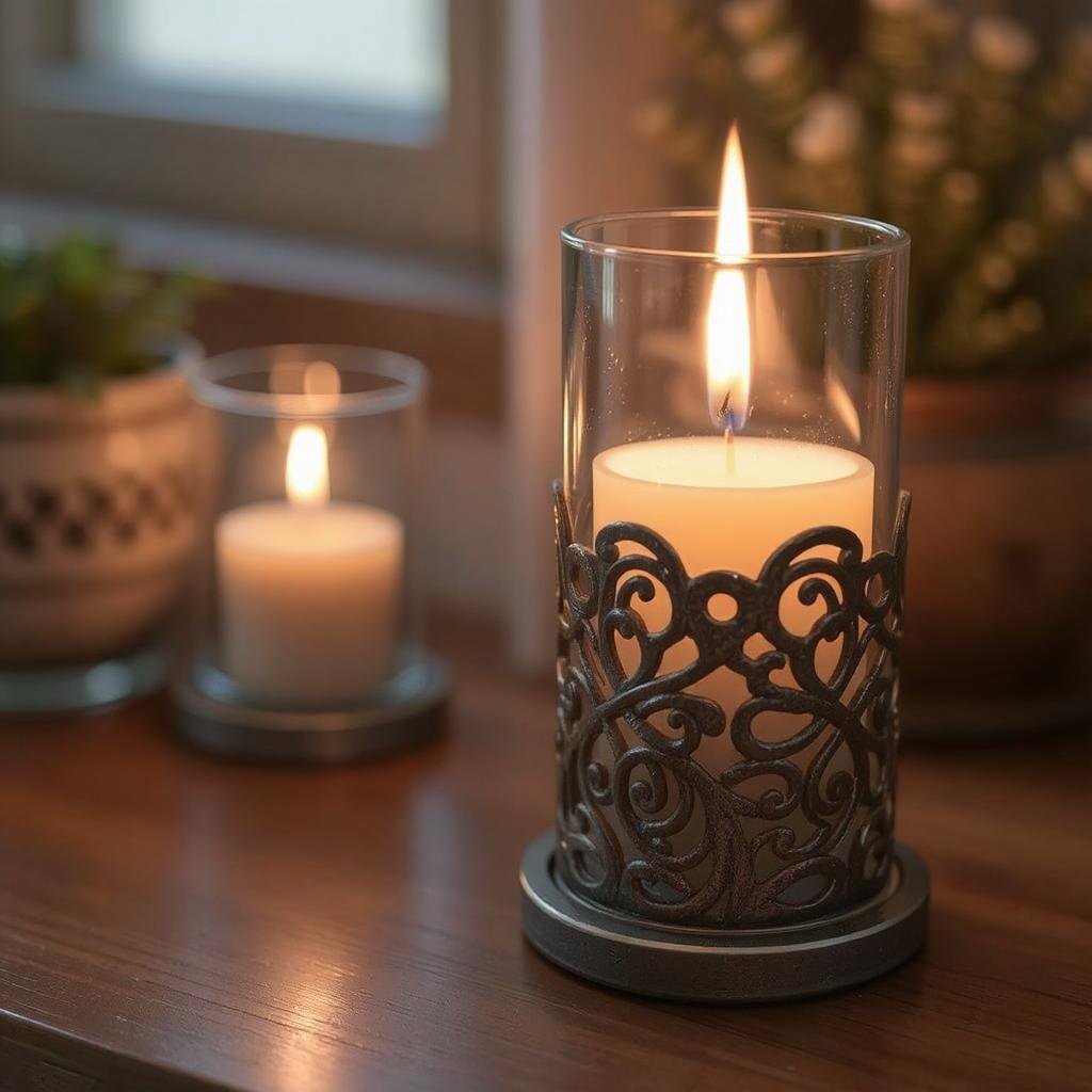 Two candles glow on a wooden table, one in ornate glass, casting warm light in a cozy space.
