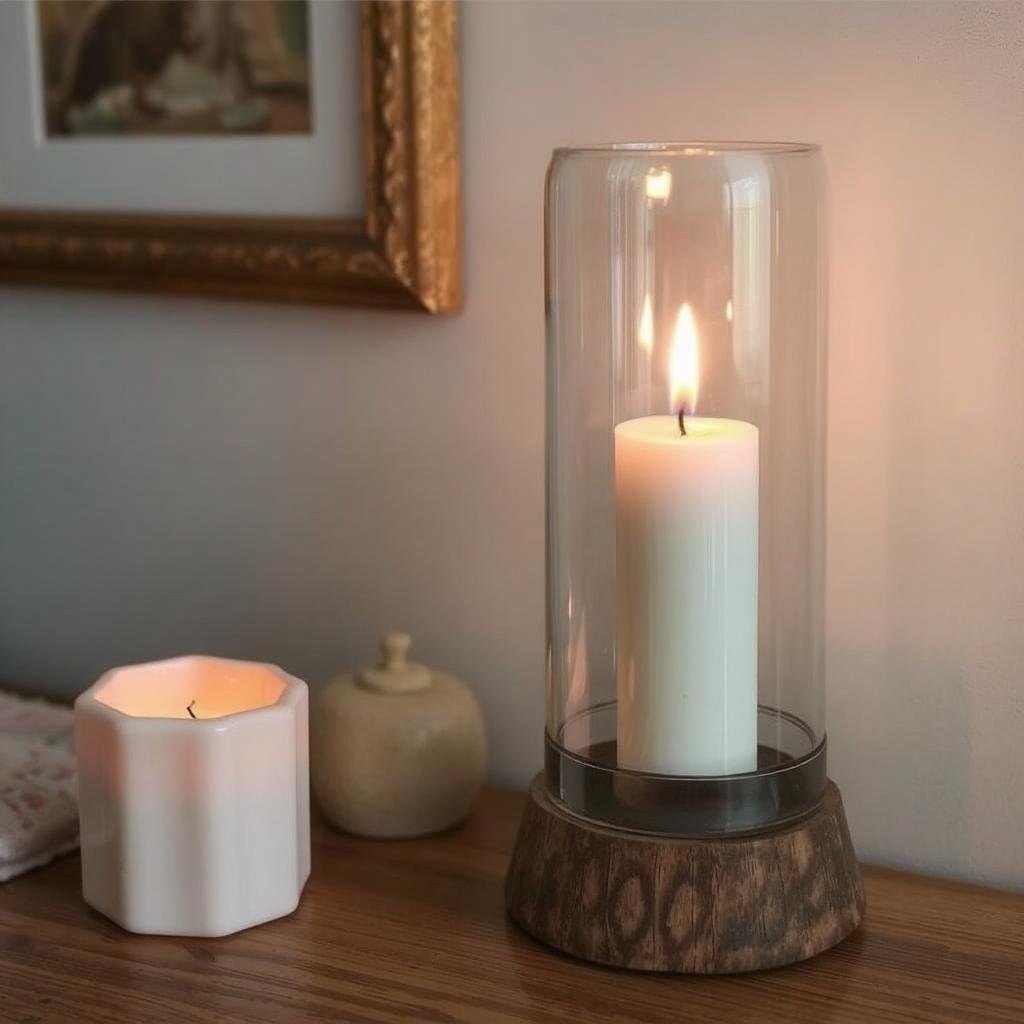 A lit white candle in glass sits on a wooden base beside a small candle