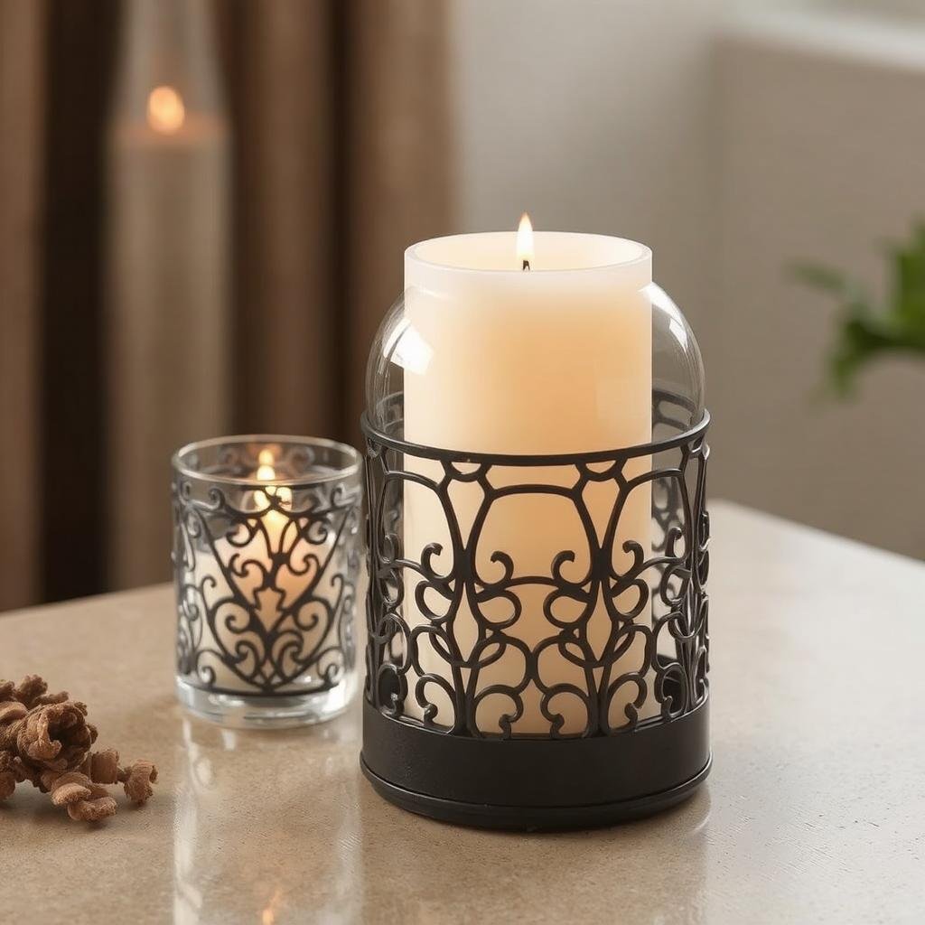 A large white candle in a glass dome and a smaller candle in a decorative holder on a tabletop.