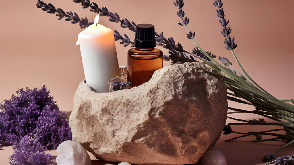 Rustic stone holder with a lit candle, essential oil, and lavender, creating a calming ambiance.
