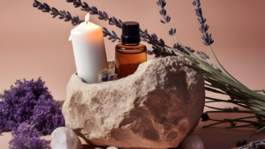 Rustic stone holder with a lit candle, essential oil, and lavender, creating a calming ambiance.